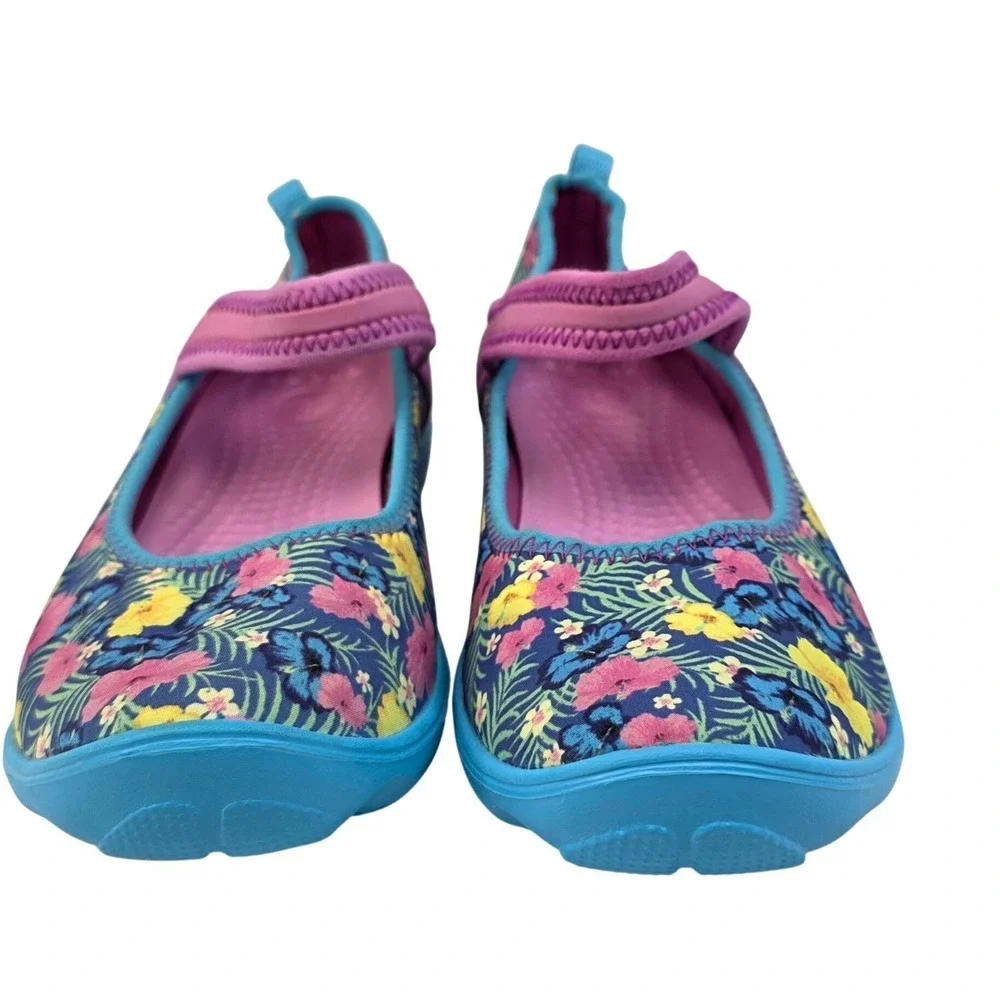 Crocs Mary Jane Flats Girls Floral Print Pink Blue Rubber Shoes Size 13